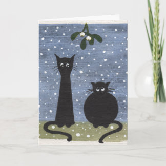 Tarjeta Festiva gatos debajo del muérdago