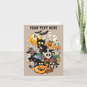 Tarjeta Festiva Gatos divertidos de Halloween en una fiesta