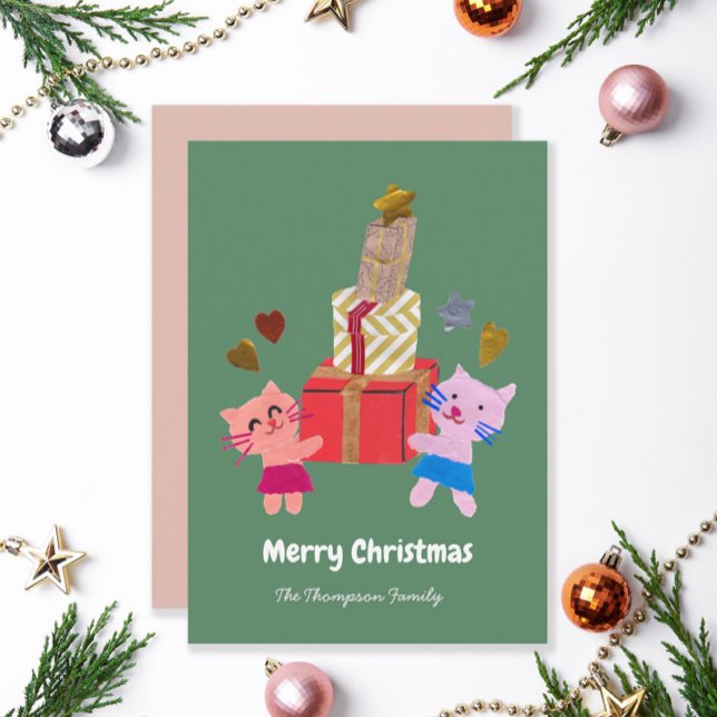 Tarjeta Festiva Gatos encantadores con Navidades verdes de musgo p (Subido por el creador)