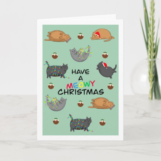 Tarjeta Festiva Gatos grasos y Navidades Puddings (Anverso)