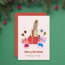 Tarjeta Festiva Gatos juguetones con cajas de regalo bebe rosado