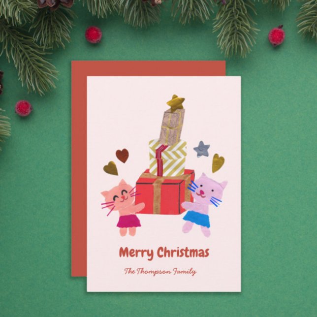 Tarjeta Festiva Gatos juguetones con cajas de regalo bebe rosado (Subido por el creador)