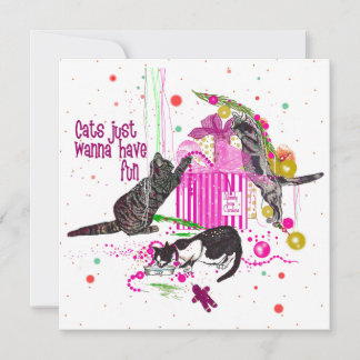 Tarjeta Festiva Gatos maliciosos destrozando decoraciones navideña