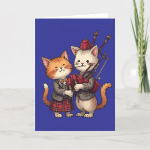 Tarjeta Festiva Gatos naranjas tocando gaitas y llevando cuadros e