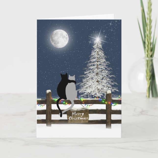 Tarjeta Festiva Gatos navidades en la valla (Anverso)