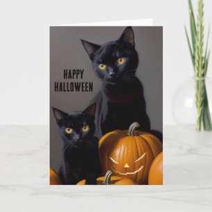 Tarjeta Festiva Gatos negros y calabazas