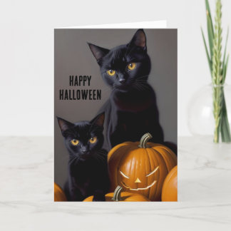Tarjeta Festiva Gatos negros y calabazas
