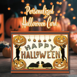 Tarjeta Festiva Gatos negros y calabazas de Halloween vintage pers