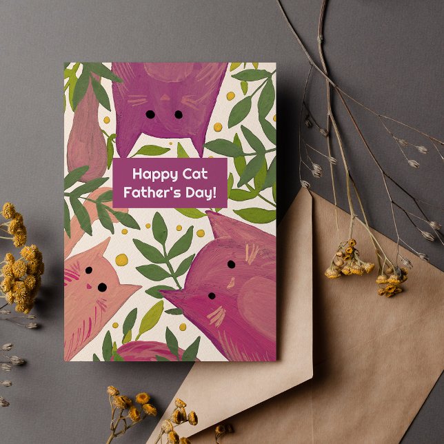 Tarjeta Festiva Gatos rosas y ramas Feliz día del padre gato (Subido por el creador)