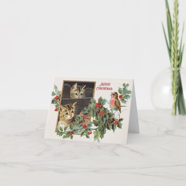 Tarjeta Festiva Gatos y navidades de pájaros de la época (Anverso)