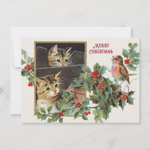 Tarjeta Festiva Gatos y navidades de pájaros de la época