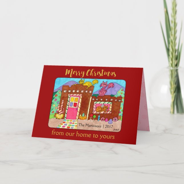 Tarjeta Festiva Gatos y Navidades Deluxe de la Casa de Gingerbread (Anverso)