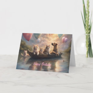 Tarjeta Festiva Gatos y perro globo flotante lago cumpleaños