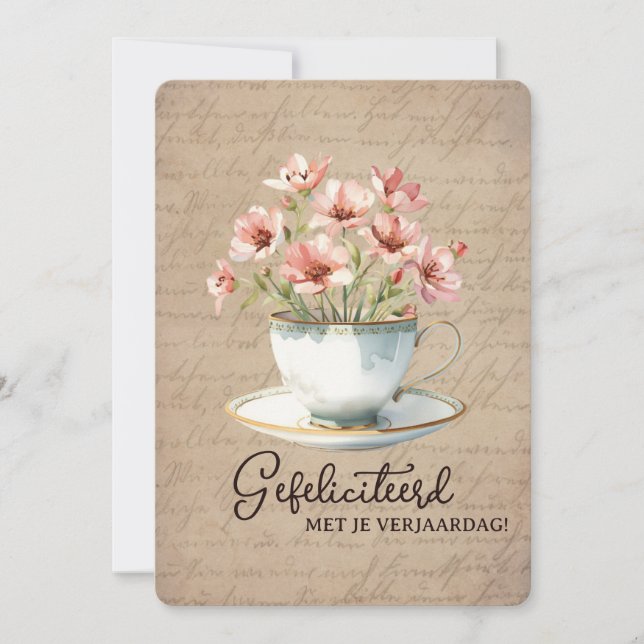Tarjeta Festiva Gefeliciteerd Vintage Bloemen Kopje Thee Jarig (Anverso)
