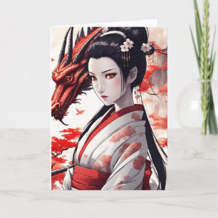Tarjeta Festiva Geisha con Dragón Año Nuevo Chino 2024
