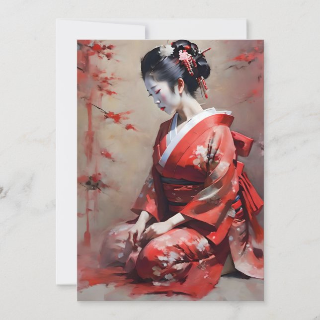 Tarjeta Festiva Geisha japonesa en retrato rojo B (Anverso)