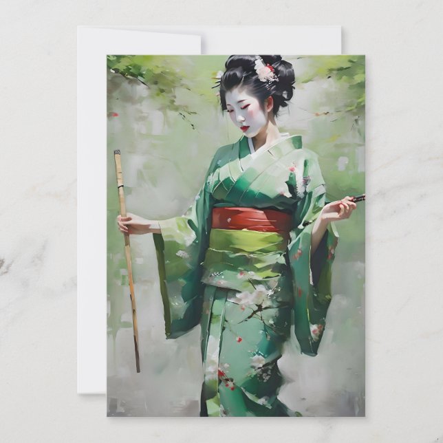 Tarjeta Festiva Geisha japonesa en retrato verde B (Anverso)