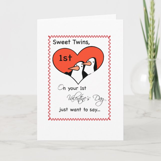 Tarjeta Festiva Gemelos 1 El día de San Valentín Cute Pingüino (Anverso)