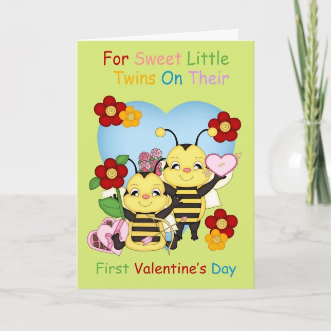 Tarjeta Festiva Gemelos, primer El día de San Valentín con abejas  (Anverso)