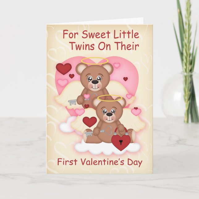 Tarjeta Festiva Gemelos, primer El día de San Valentín con pequeño (Anverso)