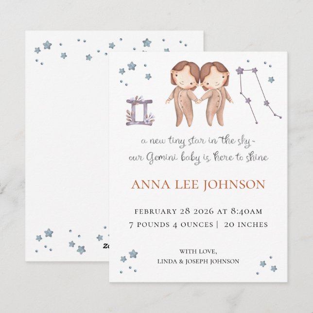Tarjeta Festiva Gemini Zodiac Birth Announcement (Anverso / Reverso)