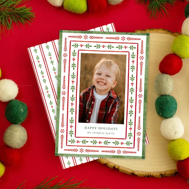 Tarjeta Festiva Gente Roja y Verde Inspirada en Acuarela de una Fo (Hand painted folk floral frame holiday card with one photo by Ashlee Townsend Design. )