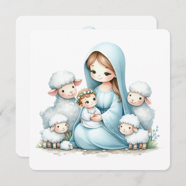 Tarjeta Festiva Gentle Night – Baby Jesus and Lambs  (Anverso / Reverso)