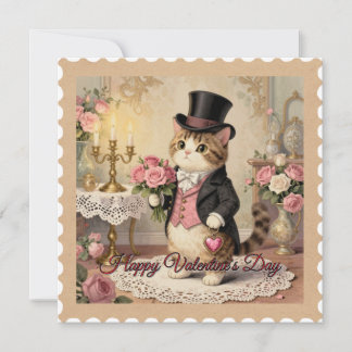 Tarjeta Festiva Gentleman Hat Cat – Vintage Valentine’s Day Card