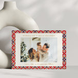 Tarjeta Festiva Geométrico Vintage Red Blue Dos Navidades de fotog<br><div class="desc">Tarjeta de vacaciones de dos Navidades fotográficos Vintage Red Blue Geometric</div>