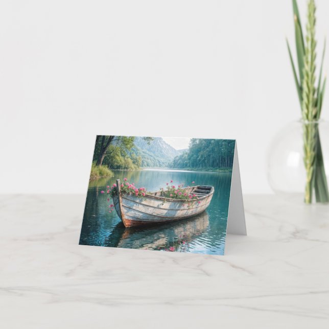 Tarjeta Festiva Geranios Rosados En Un Barco De Madera (Anverso)