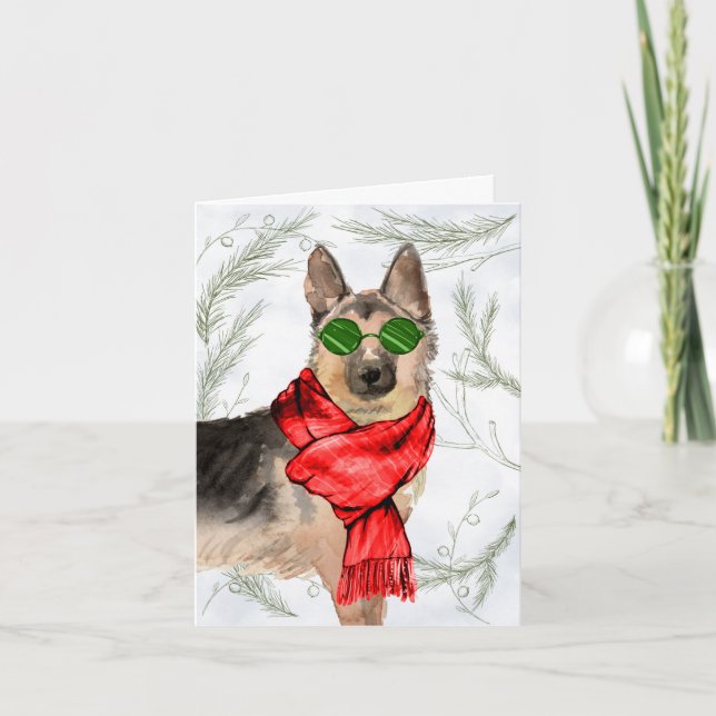 Tarjeta Festiva German Shepherd and Botanical Pines Christmas (Anverso)