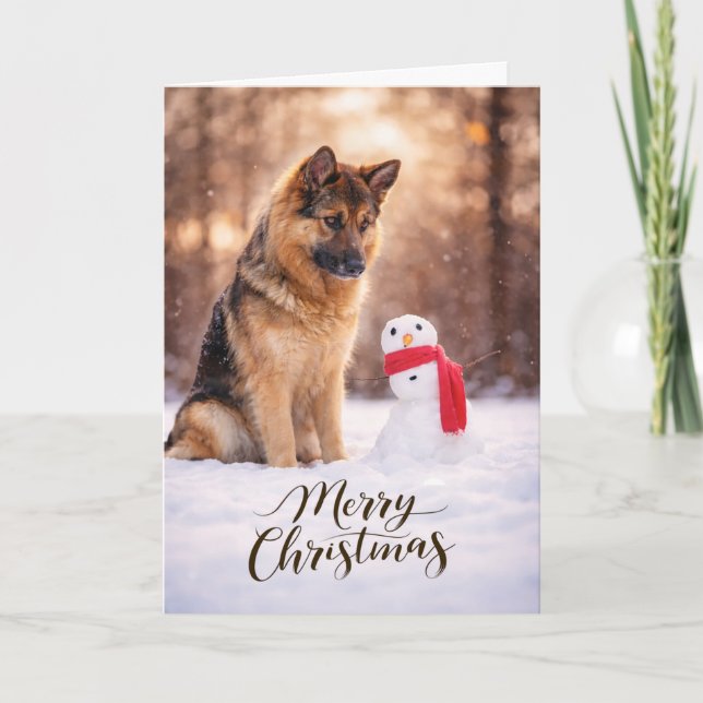 Tarjeta Festiva German Shepherd Christmas Snowman (Anverso)