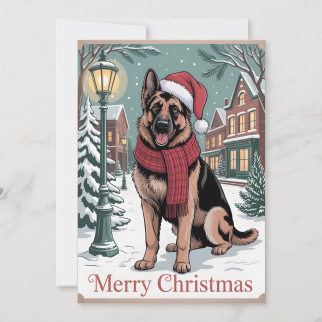 Tarjeta Festiva German Shepherd vintage Christmas  (Anverso)