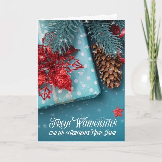 Tarjeta Festiva German Weihnachten Christmas Cheer Blue and Red (Anverso)