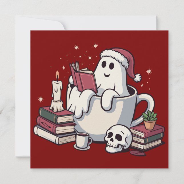 Tarjeta Festiva Ghost Reading Books Navidades Teacher Bookworm (Anverso)