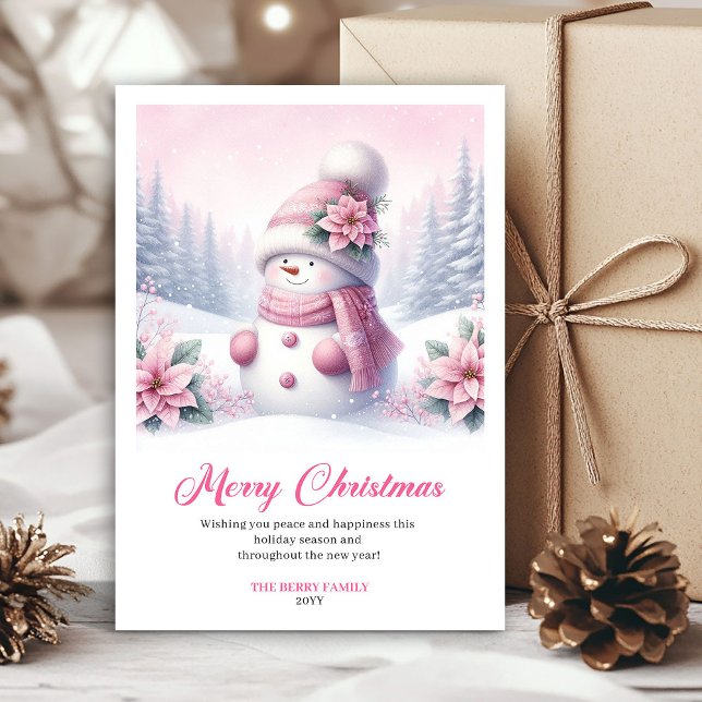 Tarjeta Festiva Giggly pink snowman kids greeting card digital  (Giggly pink snowman kids greeting card digital file)
