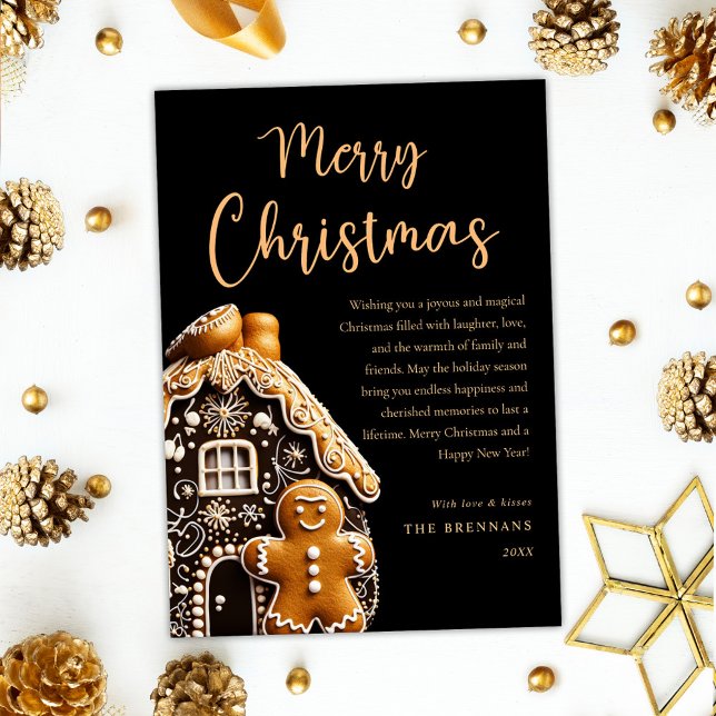Tarjeta Festiva Gingbread Gold Black Merry Christmas (Gingerbread Gold Black Merry Christmas Holiday Card)