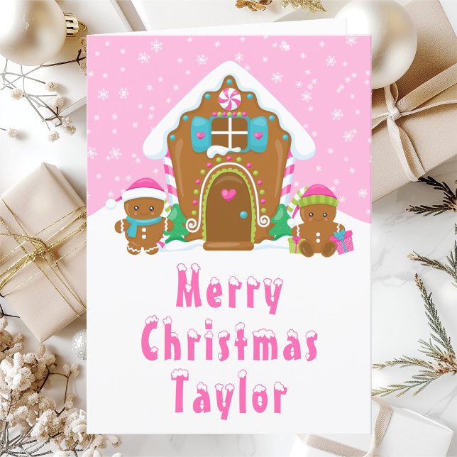 Tarjeta Festiva Gingbread House Bright Pink Merry Christmas (Subido por el creador)