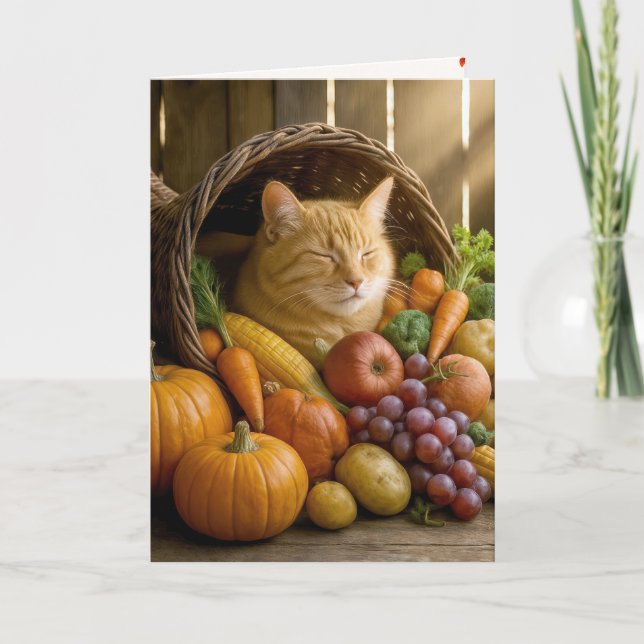 Tarjeta Festiva Ginger Cat in Thanksgiving Cornucopia (Anverso)
