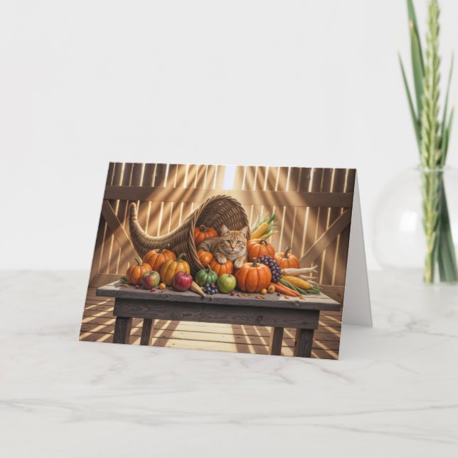 Tarjeta Festiva Ginger Cat in Thanksgiving Cornucopia (Anverso)