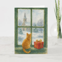 Tarjeta Festiva Ginger Cat overlooking a winter's scene 