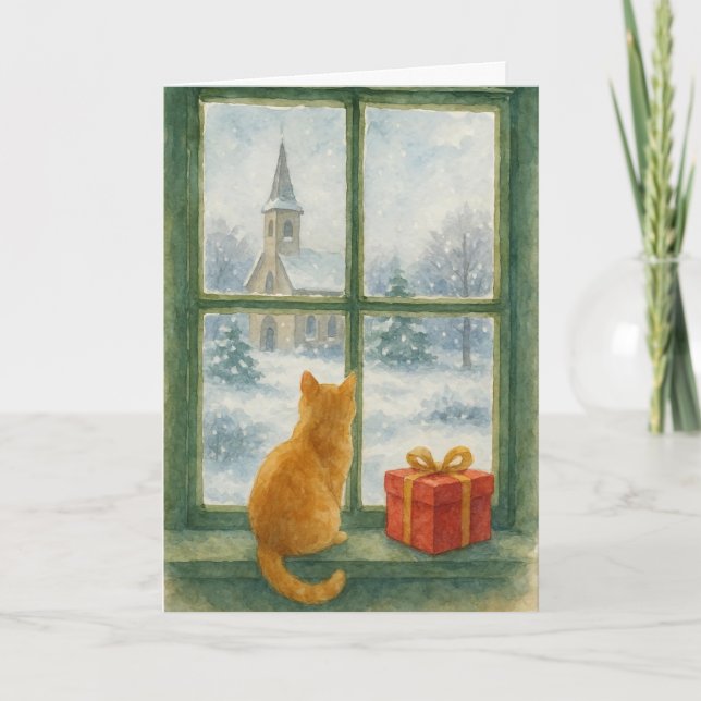 Tarjeta Festiva Ginger Cat overlooking a winter's scene  (Anverso)