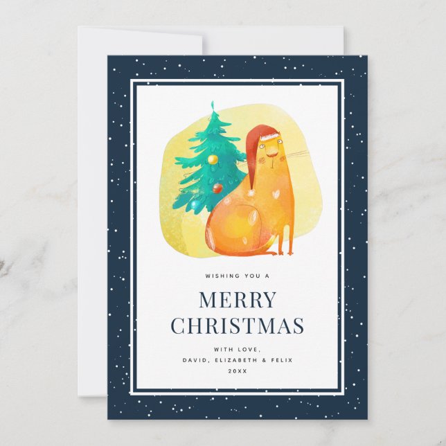 Tarjeta Festiva Ginger Cat Tree Snow Blue Merry Christmas Card (Anverso)