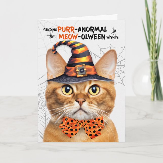 Tarjeta Festiva Ginger Tabby Gato Halloween PURRolween anormal (Anverso)