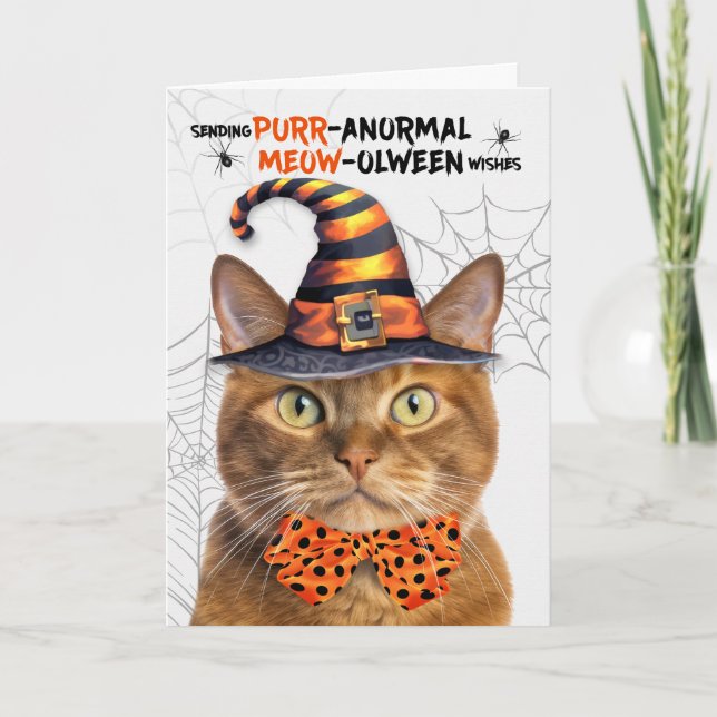 Tarjeta Festiva Ginger Tabby Gato Halloween PURRolween anormal (Anverso)
