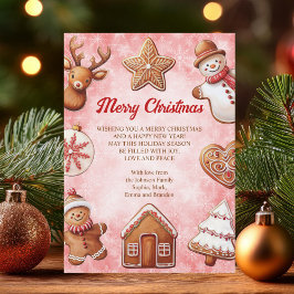Tarjeta Festiva Gingerbread Cookies Navidades de Fondo Rojo