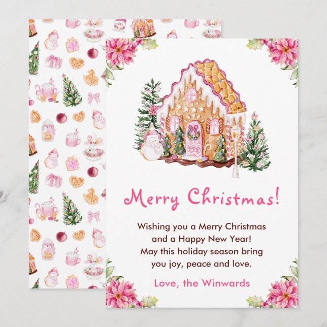 Tarjeta Festiva Gingerbread House Pink Merry Christmas (Anverso / Reverso)