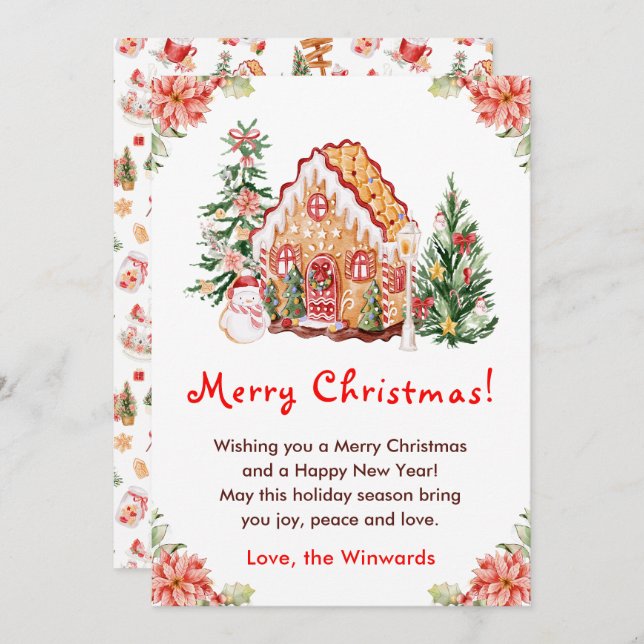 Tarjeta Festiva Gingerbread House Red Merry Christmas (Anverso / Reverso)