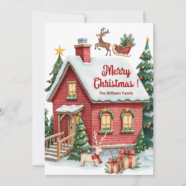 Tarjeta Festiva Gingerbread House Reindeer Fir Trees (Anverso)