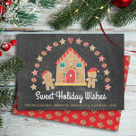 Tarjeta Festiva Gingerbread House Sweet Wishes Chalkboard Festivid<br><div class="desc">"Dulces deseos de vacaciones". Una bonita y caprichosa casa de jengibre, chica y niño de pan de jengibre, estrellas, corazones y caramelos, junto con una juguetona tipografía de escritura, superponen un oscuro fondo de pizarra gris de carbón vegetal y te ayudan a iniciar la temporada de fiestas de vacaciones. En...</div>